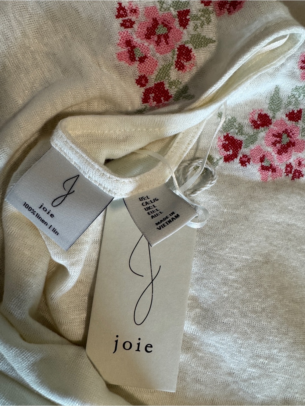 NWT Joie 100% Linen Embroidered Floral Ivory Short Sleeve Top Size L - Picture 5 of 6